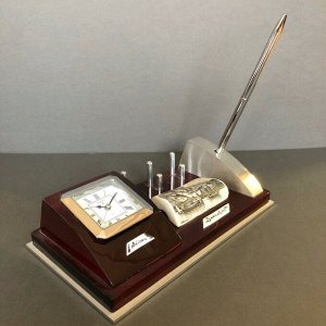 Скримшоу, настольный набор с часами и ручкой, натуральный камень.