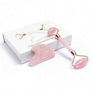 Набор Ролик для лица и скребок Гуаша из натурального розового кварца в подарочной коробке