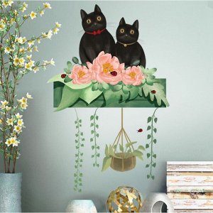 Наклейка пластик интерьерная цветная "Черные котики и цветы" 30х60 см 7067329
