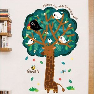 Наклейка пластик интерьерная цветная "Жираф-дерево с птичками" 60х90 см 7067338