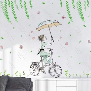 Наклейка пластик интерьерная цветная "Девушка с зонтом на велосипеде" 50х70 см 7067342