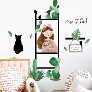 Наклейка пластик интерьерная цветная "Девочка с букетом, кактусы и кот" 50х70 см 7067344