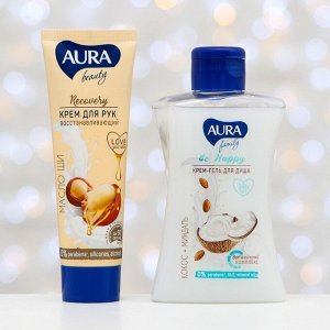 Подарочный набор Aura Beauty: крем-гель для душа, кокос и миндаль, 250 мл + крем для рук, 75 мл