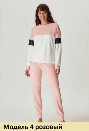 Комплект розовый+крем велюровый лонгслив и брюки