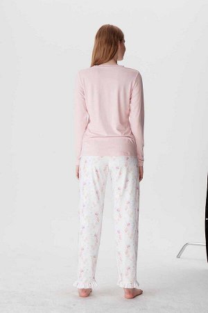 Комплект розовый лонгслив и брюки с рисунком