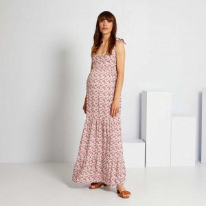 Длинное платье в цветочек для беременных - хаки
