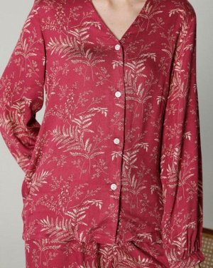 Женская пижама (рубашка+штаны) принт "листья", цвет красный