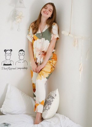 Женская пижама (рубашка с коротким рукавом+штаны), принт "цветы"