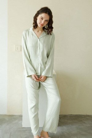 Женская пижама (рубашка+штаны) принт "горох", цвет светло-зеленый