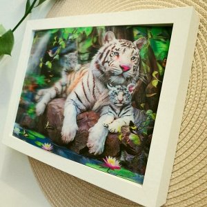 3Д картинка "Белая тигрица с тигрятами" 14,5 х 19,5 см х Т-0013, голографическая открытка с изображением тигров, без рамки