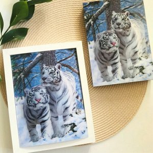 3Д картинка "Два белых тигра" 14,5 х 19,5 см х Т-0014, голографическая открытка с изображением белых тигров, без рамки