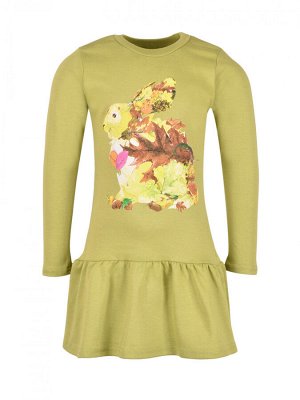 Платье Платье для девочки "Осенний кролик" выполнено из хлопкового полотна интерлок. Изделие с заниженной линией талии, длинным втачным рукавом. Округлый вырез горловины. Украшением платья служит прин