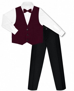 Школьный комплект для мальчика с белой рубашкой, бордовым жилетом с бабочкой и черными брюками