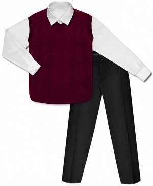 Школьный комплект для мальчика с белой рубашкой, бордовым вязаным жилетом и черными брюками