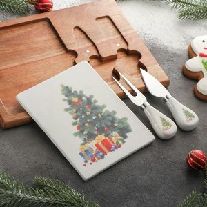 Набор для подачи сыра «Рождественская ель», 2 ножа, 26x18x1,5 см, прямоугольный, акация