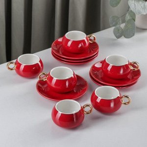 Сервиз кофейный «Капля», 12 предметов: 6 чашек 90 мл, 6 блюдец d=12 см, цвет красный