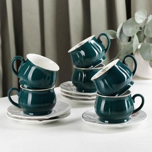 Сервиз керамический чайный «Шишечки», чашка 200 мл, блюдце d=14,5 см, цвет зелёный