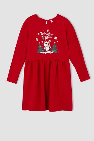 DEFACTO Рождественское платье с длинными рукавами и круглым вырезом для девочек