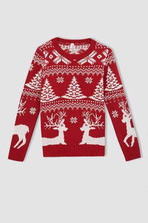 Вязаный свитер с круглым вырезом для девочек на тему Рождества с изображением оленя