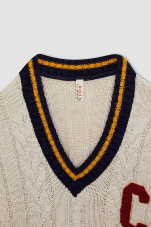 Вязаный свитер с v-образным вырезом и аппликацией для девочек