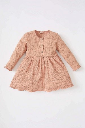 DEFACTO Платье с длинными рукавами в рубчик с круглым вырезом и узором для маленьких девочек