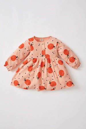 Хлопковое платье с длинными рукавами и оранжевым рисунком для маленьких девочек