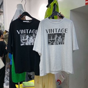 Женская футболка с принтом и надписью "Vintage", цвет черный