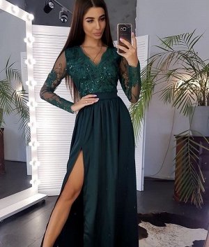 Платье 9009 "Разрез + Рукава Гипюр" Зеленое