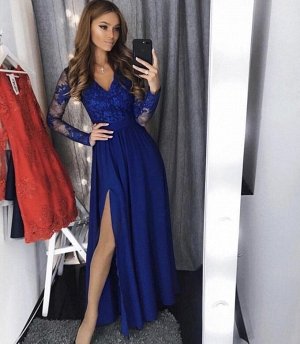 Платье 9009 "Разрез + Рукава Гипюр" Синее