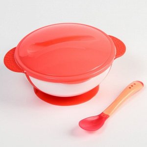 Набор детской посуды: миска на присоске 340мл., с крышкой, термоложка, цвет розовый