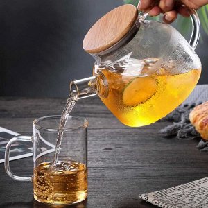 Китайский производитель Стеклянный чайник заварочный (заварник) с бамбуковой крышкой и ситечком в носике 1000 мл