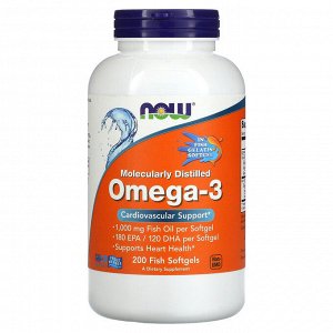 iherb NOW Foods, омега-3, 1000 мг, 200 капсул из рыбьего желатина (1000 мг в 1 капсуле)