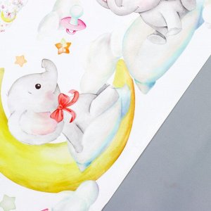 Наклейка пластик интерьерная цветная "Слоники и зверята в облачках" 50х70 см