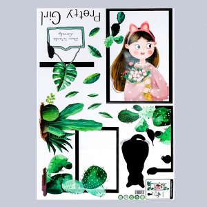 Наклейка пластик интерьерная цветная "Девочка с букетом, кактусы и кот" 50х70 см