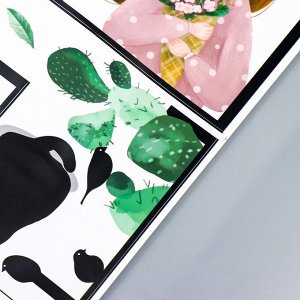 Наклейка пластик интерьерная цветная "Девочка с букетом, кактусы и кот" 50х70 см