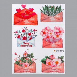 Наклейка пластик интерьерная цветная "Конверты с цветами и сердцами" 60х80 см