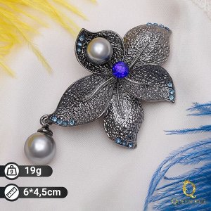 Брошь "Цветок" орхидея с жемчугом, цвет серо-синий в чернёном серебре