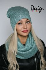 Вязаный  комплект с пайетками(шапка+восьмёрка) «Юлия» (пыльная мята)