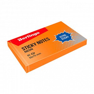 Блок самоклеящ. для записей 51 х 76 мм, 80 л., неон оранжевый, Ultra Sticky , Berlingo