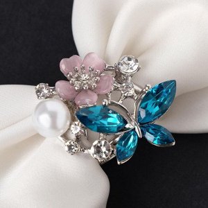 Кольцо для платка "Бабочка с цветочком" зимняя искра, цветная в серебре