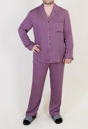 КОМПЛЕКТ Домашняя пижама от торговой марки Индефини. В комплекте рубашка с брюками. Рубашка из вискозы, фиолетового цвета, с принтом, с длинными рукавами, с кармашком на груди, с воротником-отворотом,