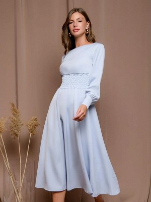 Платье серо-голубое длины миди с широкой резинкой на талии