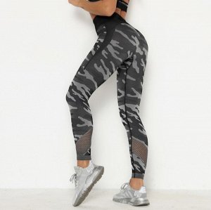 Женские спортивные леггинсы, принт "камуфляж", сетчатые вставки на нижней части, цвет черный
