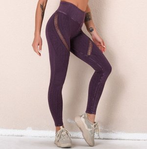 Женские леггинсы спортивные, сетчатые вставки на бедрах, цвет темно-фиолетовый