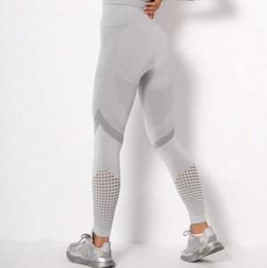 Женские спортивные леггинсы, крупная сетка на нижней части, цвет светло-серый