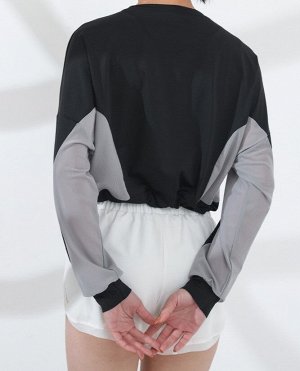 Женская спортивная укороченная кофта с утяжкой, сетчатые вставки, цвет черный