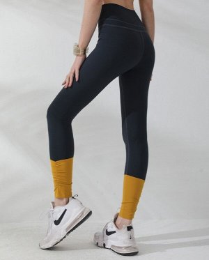 Женские спортивные леггинсы с широкой резинкой присобранные в нижней части, контрастные вставка, цвет черный/желтый
