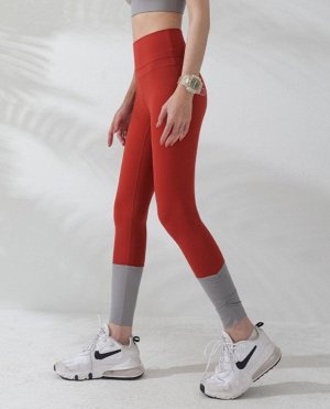 Женские спортивные леггинсы с широкой резинкой присобранные в нижней части, контрастные вставка, цвет красный/серый