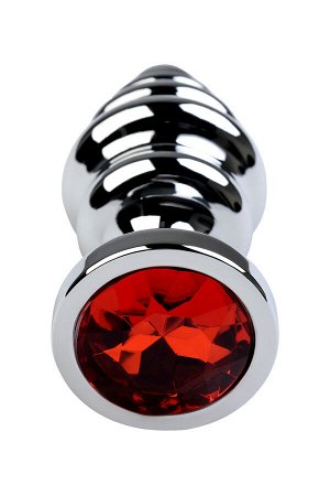 Анальная втулка Metal by TOYFA, металл, серебряная, с красным кристаллом, 8 см,  3,5 см, 95 г
