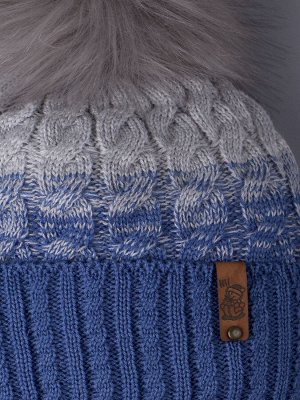 Шапка вязаная для мальчика с помпоном на завязках, двухцветная, нашивка снеговик + снуд, синий